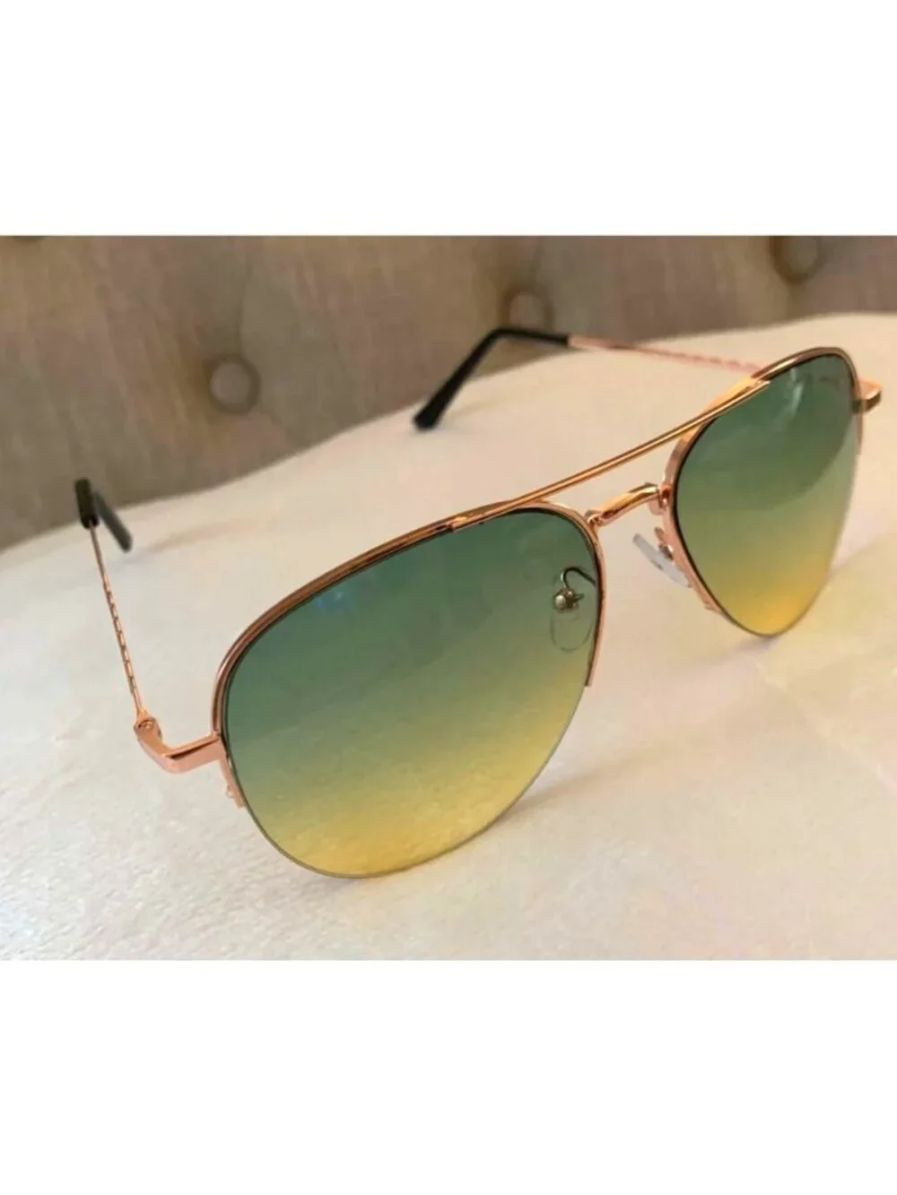 Aviator Style Sunglasses W/ Rose Gold Frame & Green/Yellow Gradient Lens Unisex
